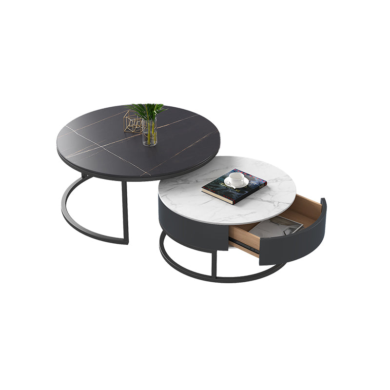 Frame 2 Nesting Coffee Table Set Modern Slate Cocktail Table with Drawer 31.5"L x 31.5"W x 18"H + 23.5"L x 23.5"W x 15.5"H White-Black Clearhalo 'Coffee & Accent Tables' 'Coffee Tables' 'coffee_tables' 'furn' 'furn_coffee_tables' 'Furniture' 'Living Room Furniture' 7135879