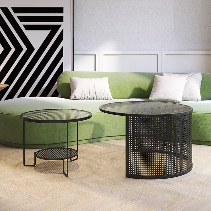 Round GlassCoffee Table Tropical No Distressing Coffee Table Set with Shelf Black Clearhalo 'Coffee & Accent Tables' 'Coffee Tables' 'coffee_tables' 'furn' 'furn_coffee_tables' 'Furniture' 'Living Room Furniture' 7135903