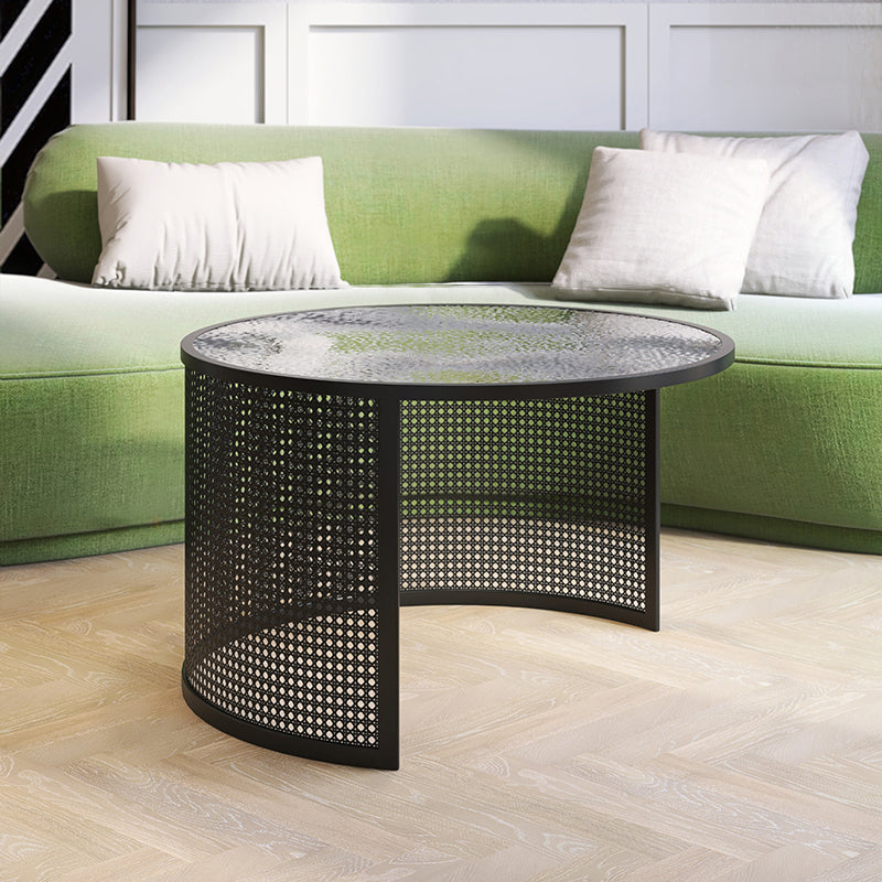 Round GlassCoffee Table Tropical No Distressing Coffee Table Set with Shelf 31.5"L x 31.5"W x 20"H Gloss Black Clearhalo 'Coffee & Accent Tables' 'Coffee Tables' 'coffee_tables' 'furn' 'furn_coffee_tables' 'Furniture' 'Living Room Furniture' 7135907