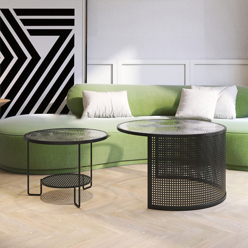 Round GlassCoffee Table Tropical No Distressing Coffee Table Set with Shelf 31.5"L x 31.5"W x 20"H + 24"L x 24"W x 18"H Gloss Black Clearhalo 'Coffee & Accent Tables' 'Coffee Tables' 'coffee_tables' 'furn' 'furn_coffee_tables' 'Furniture' 'Living Room Furniture' 7135910