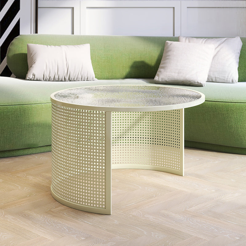 Round GlassCoffee Table Tropical No Distressing Coffee Table Set with Shelf 31.5"L x 31.5"W x 20"H Gloss White Clearhalo 'Coffee & Accent Tables' 'Coffee Tables' 'coffee_tables' 'furn' 'furn_coffee_tables' 'Furniture' 'Living Room Furniture' 7135913