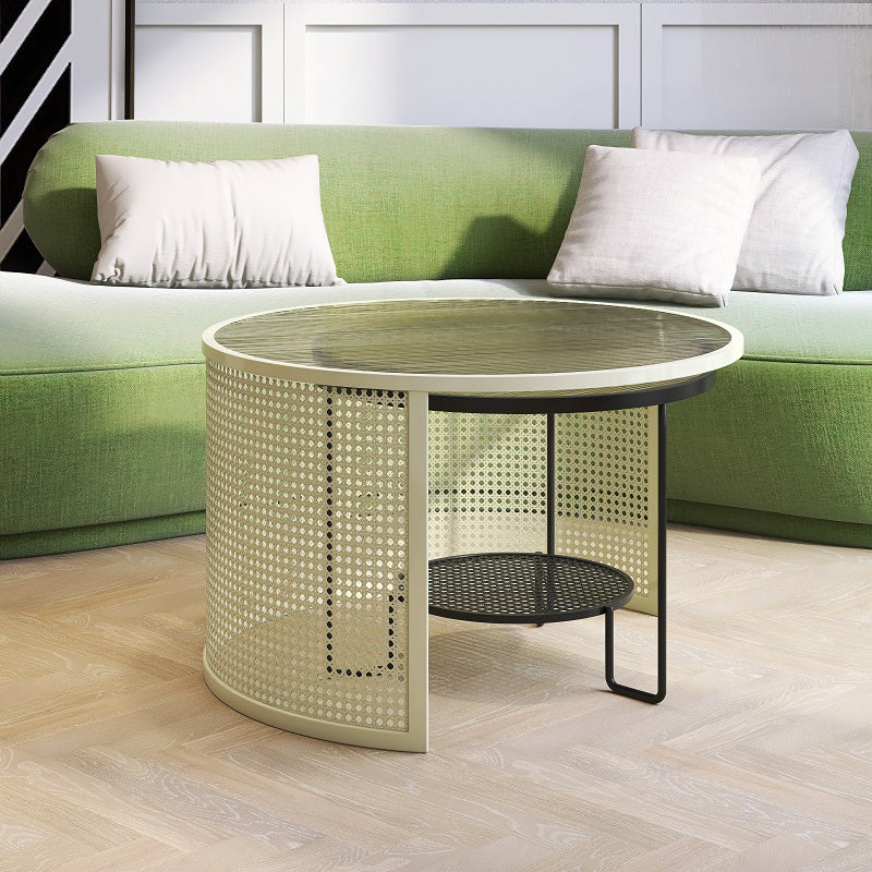 Round GlassCoffee Table Tropical No Distressing Coffee Table Set with Shelf 28"L x 28"W x 18"H + 20"L x 20"W x 16"H White-Black Clearhalo 'Coffee & Accent Tables' 'Coffee Tables' 'coffee_tables' 'furn' 'furn_coffee_tables' 'Furniture' 'Living Room Furniture' 7135918