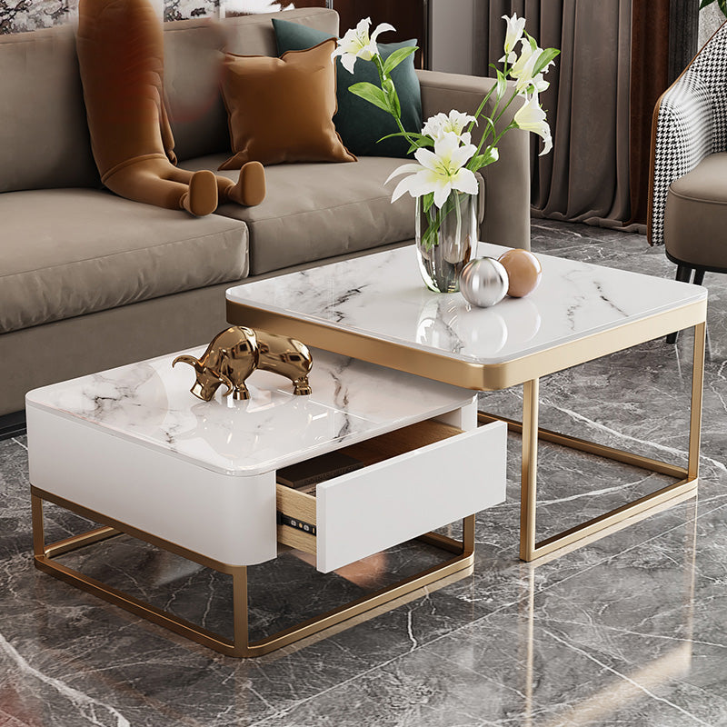 Frame Slate Coffee Table Glam Nesting Coffee Table Set with Drawer White Gold Clearhalo 'Coffee & Accent Tables' 'Coffee Tables' 'coffee_tables' 'furn' 'furn_coffee_tables' 'Furniture' 'Living Room Furniture' 7135983