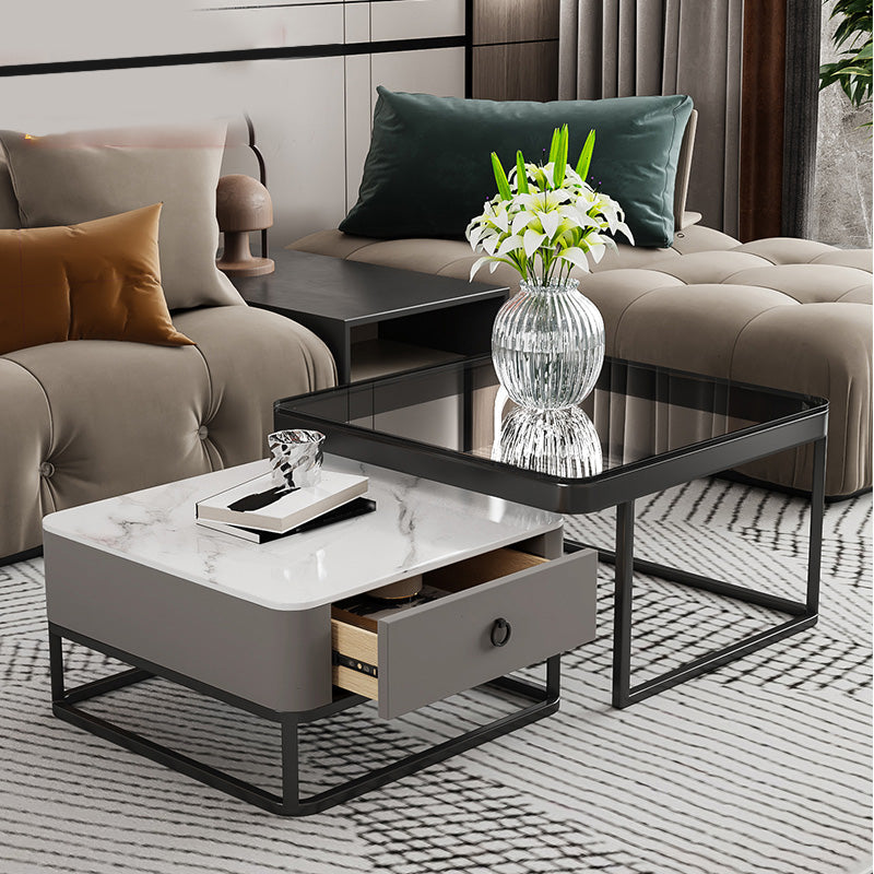 Frame Slate Coffee Table Glam Nesting Coffee Table Set with Drawer Grey Black Clearhalo 'Coffee & Accent Tables' 'Coffee Tables' 'coffee_tables' 'furn' 'furn_coffee_tables' 'Furniture' 'Living Room Furniture' 7135985