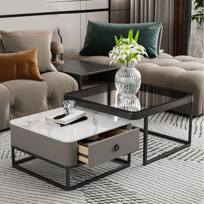Frame Slate Coffee Table Glam Nesting Coffee Table Set with Drawer Grey Black Clearhalo 'Coffee & Accent Tables' 'Coffee Tables' 'coffee_tables' 'furn' 'furn_coffee_tables' 'Furniture' 'Living Room Furniture' 7135985