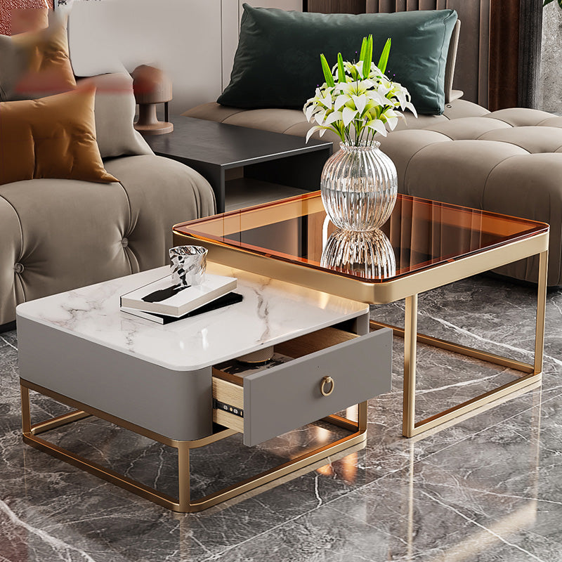 Frame Slate Coffee Table Glam Nesting Coffee Table Set with Drawer Grey Gold Clearhalo 'Coffee & Accent Tables' 'Coffee Tables' 'coffee_tables' 'furn' 'furn_coffee_tables' 'Furniture' 'Living Room Furniture' 7135986