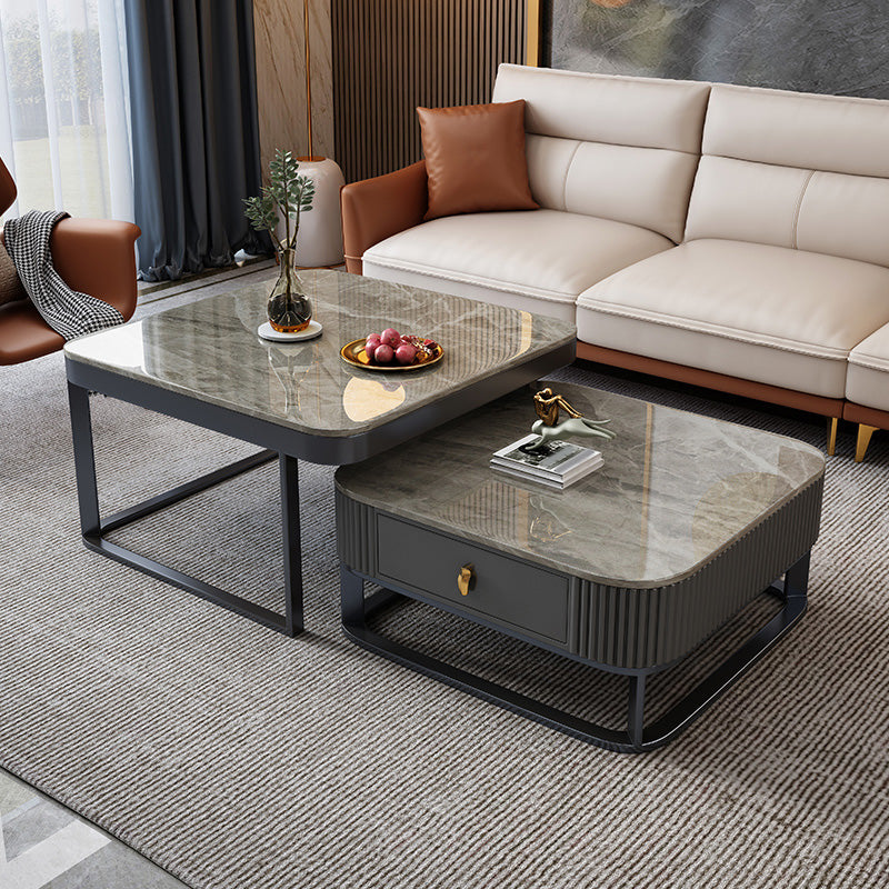 Slate Coffee Table Glam Frame Nesting Coffee Table Set with Drawer 31"L x 31"W x 16"H + 24"L x 24"W x 12"H Grey Black Clearhalo 'Coffee & Accent Tables' 'Coffee Tables' 'coffee_tables' 'furn' 'furn_coffee_tables' 'Furniture' 'Living Room Furniture' 7136043