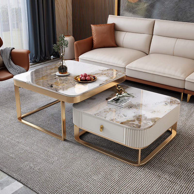 Slate Coffee Table Glam Frame Nesting Coffee Table Set with Drawer 31"L x 31"W x 16"H + 24"L x 24"W x 12"H Marble Gold Clearhalo 'Coffee & Accent Tables' 'Coffee Tables' 'coffee_tables' 'furn' 'furn_coffee_tables' 'Furniture' 'Living Room Furniture' 7136047