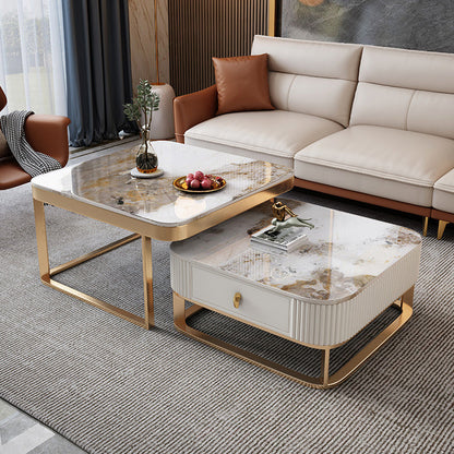 Slate Coffee Table Glam Frame Nesting Coffee Table Set with Drawer 31"L x 31"W x 16"H + 24"L x 24"W x 12"H Marble Gold Clearhalo 'Coffee & Accent Tables' 'Coffee Tables' 'coffee_tables' 'furn' 'furn_coffee_tables' 'Furniture' 'Living Room Furniture' 7136047