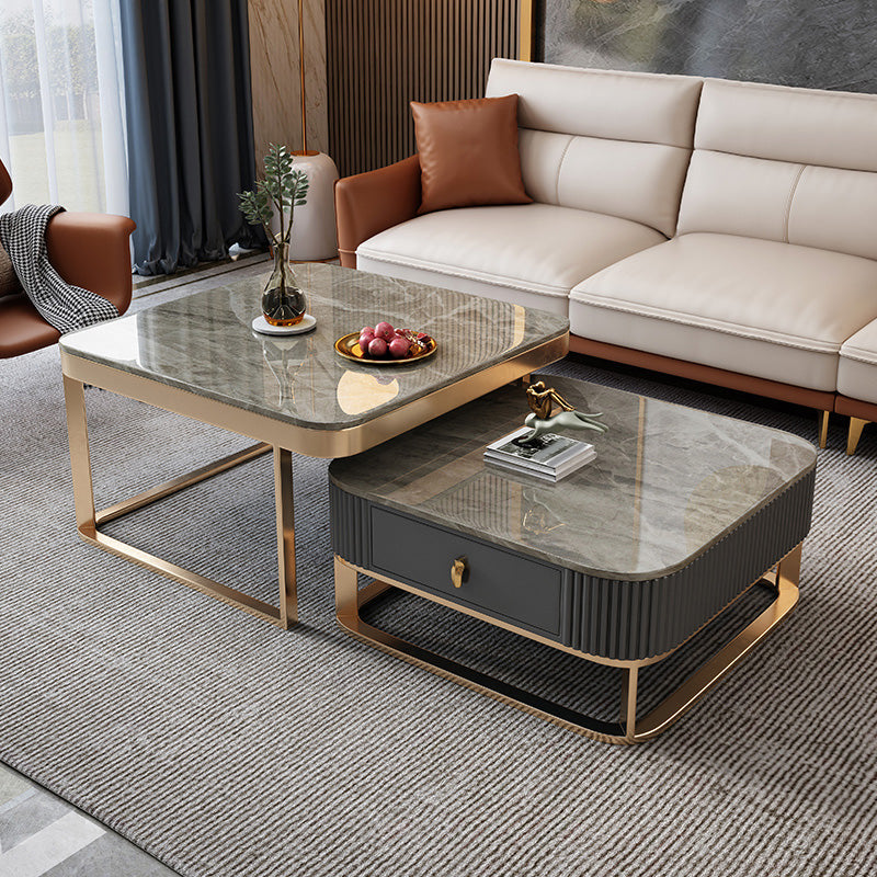 Slate Coffee Table Glam Frame Nesting Coffee Table Set with Drawer 31"L x 31"W x 16"H + 24"L x 24"W x 12"H Grey Gold Clearhalo 'Coffee & Accent Tables' 'Coffee Tables' 'coffee_tables' 'furn' 'furn_coffee_tables' 'Furniture' 'Living Room Furniture' 7136049