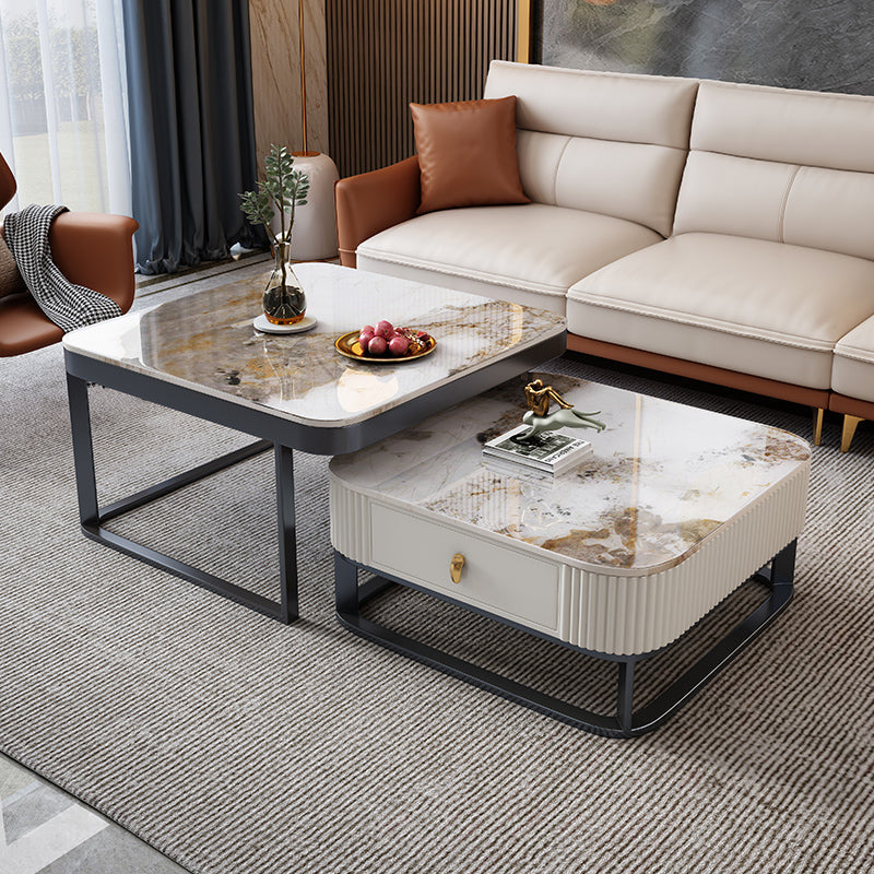 Slate Coffee Table Glam Frame Nesting Coffee Table Set with Drawer 31"L x 31"W x 16"H + 24"L x 24"W x 12"H Marble Black Clearhalo 'Coffee & Accent Tables' 'Coffee Tables' 'coffee_tables' 'furn' 'furn_coffee_tables' 'Furniture' 'Living Room Furniture' 7136051