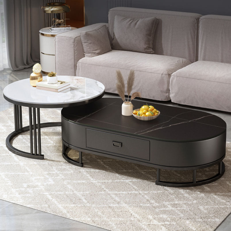 Glam Coffee Table Oval Nesting Nesting Coffee Table with Drawer Slate Cocktail Table Black White Black Clearhalo 'Coffee & Accent Tables' 'Coffee Tables' 'coffee_tables' 'furn' 'furn_coffee_tables' 'Furniture' 'Living Room Furniture' 7141271
