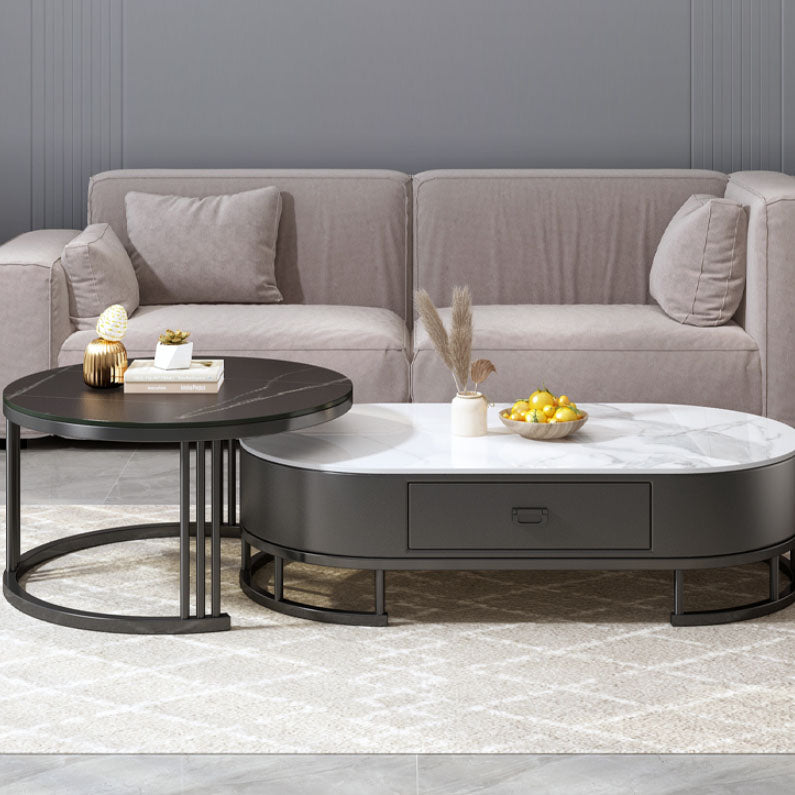 Glam Coffee Table Oval Nesting Nesting Coffee Table with Drawer Slate Cocktail Table Clearhalo 'Coffee & Accent Tables' 'Coffee Tables' 'coffee_tables' 'furn' 'furn_coffee_tables' 'Furniture' 'Living Room Furniture' 7141272