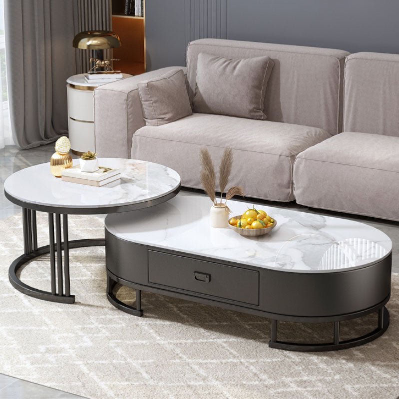 Glam Coffee Table Oval Nesting Nesting Coffee Table with Drawer Slate Cocktail Table White Black Clearhalo 'Coffee & Accent Tables' 'Coffee Tables' 'coffee_tables' 'furn' 'furn_coffee_tables' 'Furniture' 'Living Room Furniture' 7141273