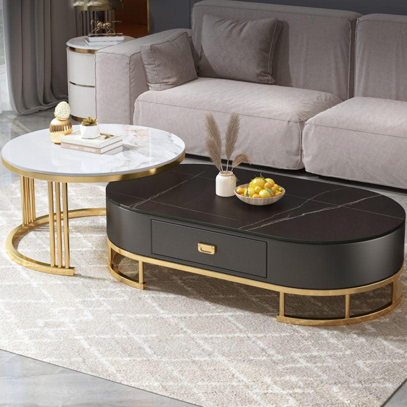 Glam Coffee Table Oval Nesting Nesting Coffee Table with Drawer Slate Cocktail Table Clearhalo 'Coffee & Accent Tables' 'Coffee Tables' 'coffee_tables' 'furn' 'furn_coffee_tables' 'Furniture' 'Living Room Furniture' 7141274