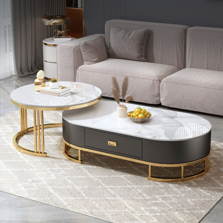 Glam Coffee Table Oval Nesting Nesting Coffee Table with Drawer Slate Cocktail Table White Gold Clearhalo 'Coffee & Accent Tables' 'Coffee Tables' 'coffee_tables' 'furn' 'furn_coffee_tables' 'Furniture' 'Living Room Furniture' 7141275