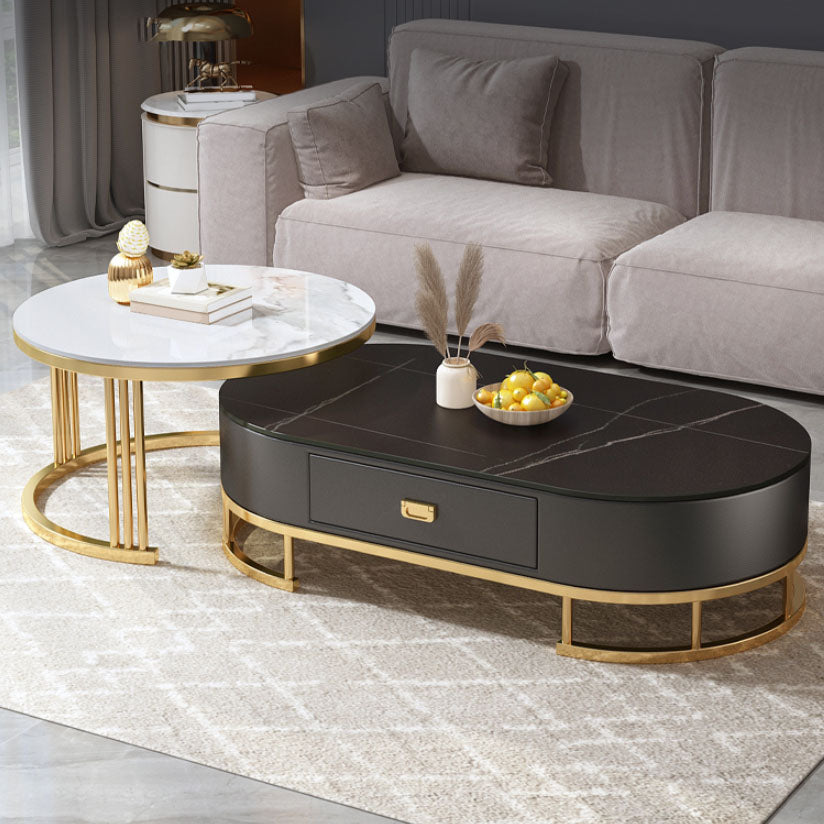 Glam Coffee Table Oval Nesting Nesting Coffee Table with Drawer Slate Cocktail Table Black White Gold Clearhalo 'Coffee & Accent Tables' 'Coffee Tables' 'coffee_tables' 'furn' 'furn_coffee_tables' 'Furniture' 'Living Room Furniture' 7141277