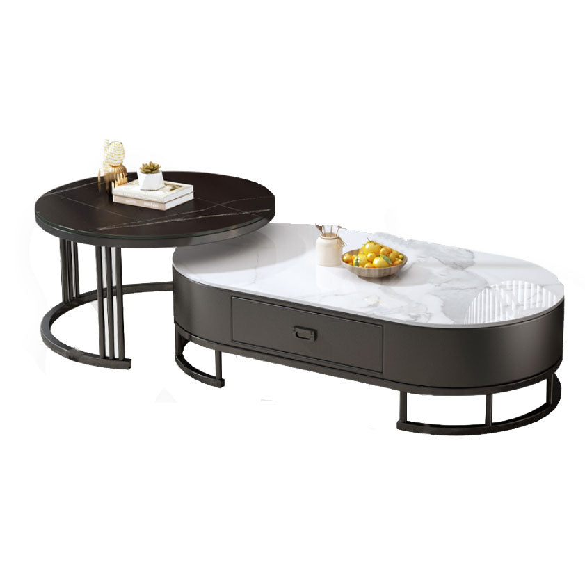 Glam Coffee Table Oval Nesting Nesting Coffee Table with Drawer Slate Cocktail Table Clearhalo 'Coffee & Accent Tables' 'Coffee Tables' 'coffee_tables' 'furn' 'furn_coffee_tables' 'Furniture' 'Living Room Furniture' 7141278