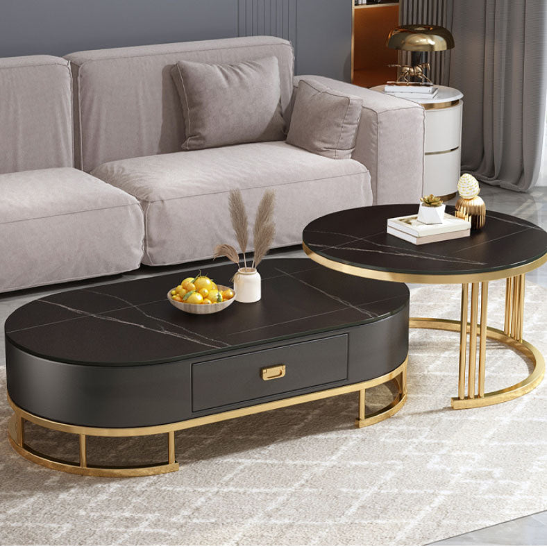 Glam Coffee Table Oval Nesting Nesting Coffee Table with Drawer Slate Cocktail Table Black Gold Clearhalo 'Coffee & Accent Tables' 'Coffee Tables' 'coffee_tables' 'furn' 'furn_coffee_tables' 'Furniture' 'Living Room Furniture' 7141279