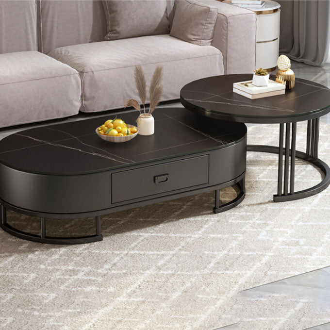Glam Coffee Table Oval Nesting Nesting Coffee Table with Drawer Slate Cocktail Table Black Black Clearhalo 'Coffee & Accent Tables' 'Coffee Tables' 'coffee_tables' 'furn' 'furn_coffee_tables' 'Furniture' 'Living Room Furniture' 7141281