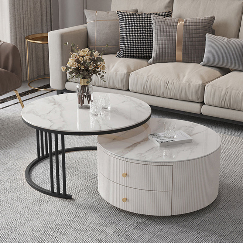 Mesa de centro con tapa de piedra y estructura de pizarra, juego de mesa de centro Glam con 2 cajones