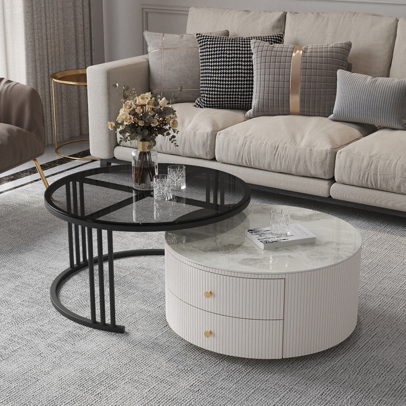 Mesa de centro con tapa de piedra y estructura de pizarra, juego de mesa de centro Glam con 2 cajones