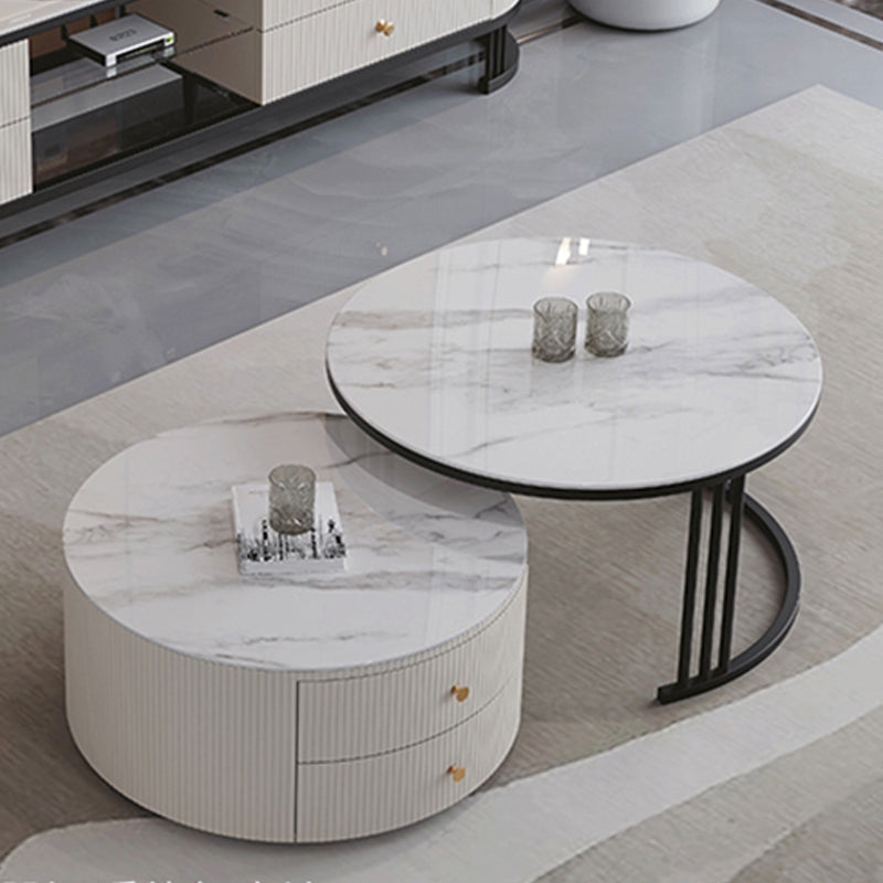 Mesa de centro con tapa de piedra y estructura de pizarra, juego de mesa de centro Glam con 2 cajones