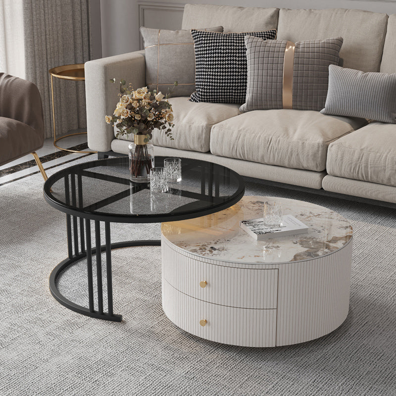 Mesa de centro con tapa de piedra y estructura de pizarra, juego de mesa de centro Glam con 2 cajones