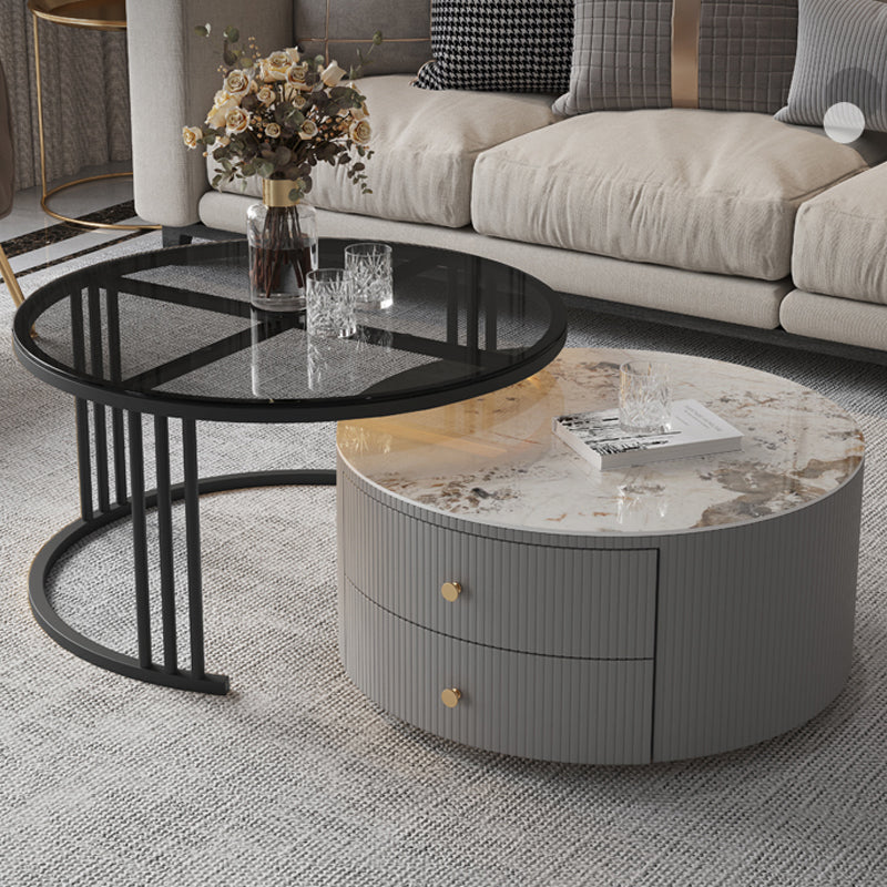 Mesa de centro con tapa de piedra y estructura de pizarra, juego de mesa de centro Glam con 2 cajones