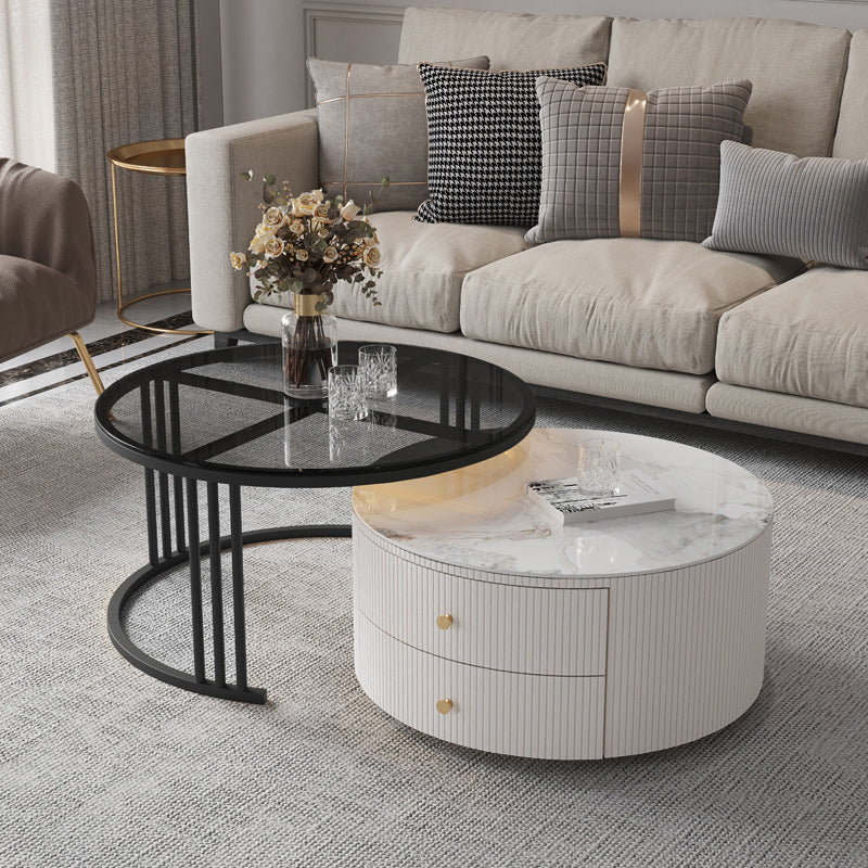 Mesa de centro con tapa de piedra y estructura de pizarra, juego de mesa de centro Glam con 2 cajones