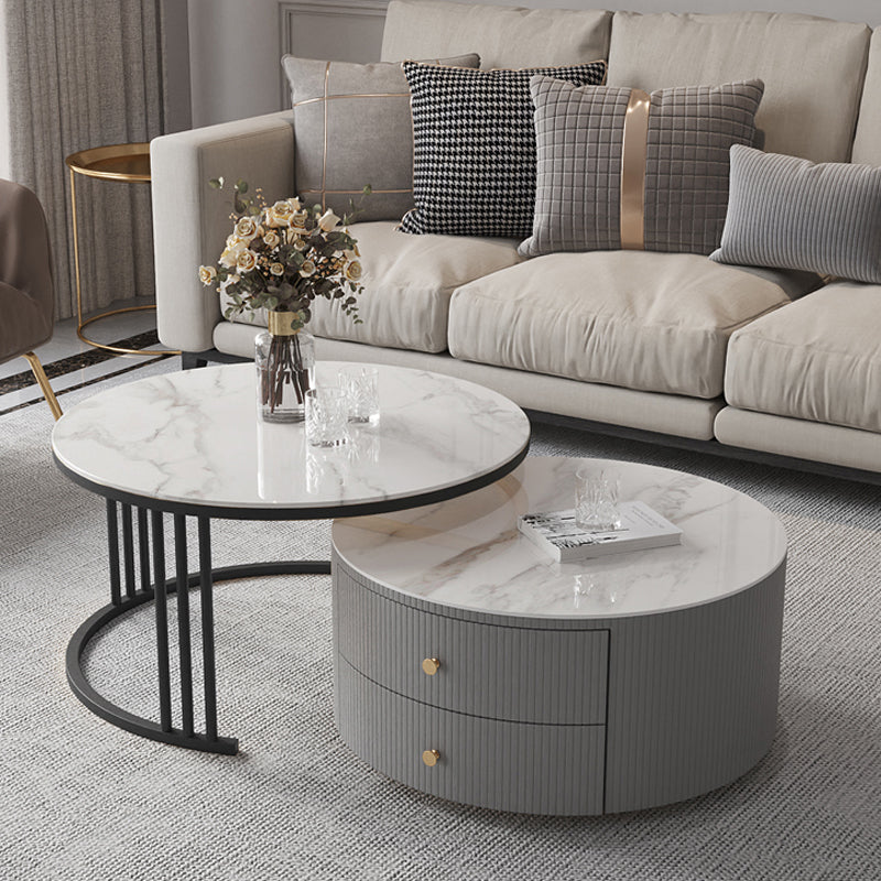 Mesa de centro con tapa de piedra y estructura de pizarra, juego de mesa de centro Glam con 2 cajones