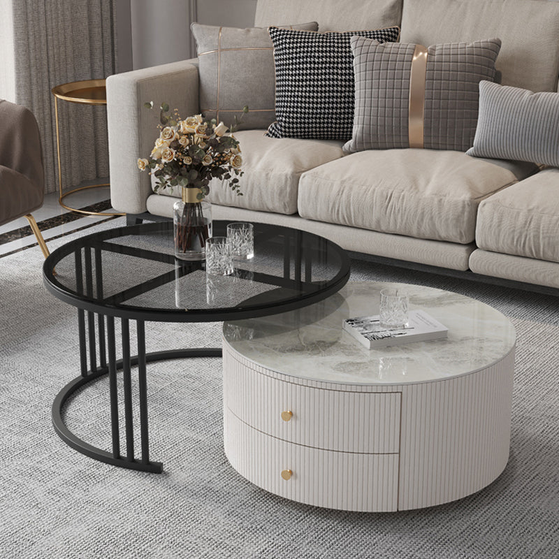 Mesa de centro con tapa de piedra y estructura de pizarra, juego de mesa de centro Glam con 2 cajones