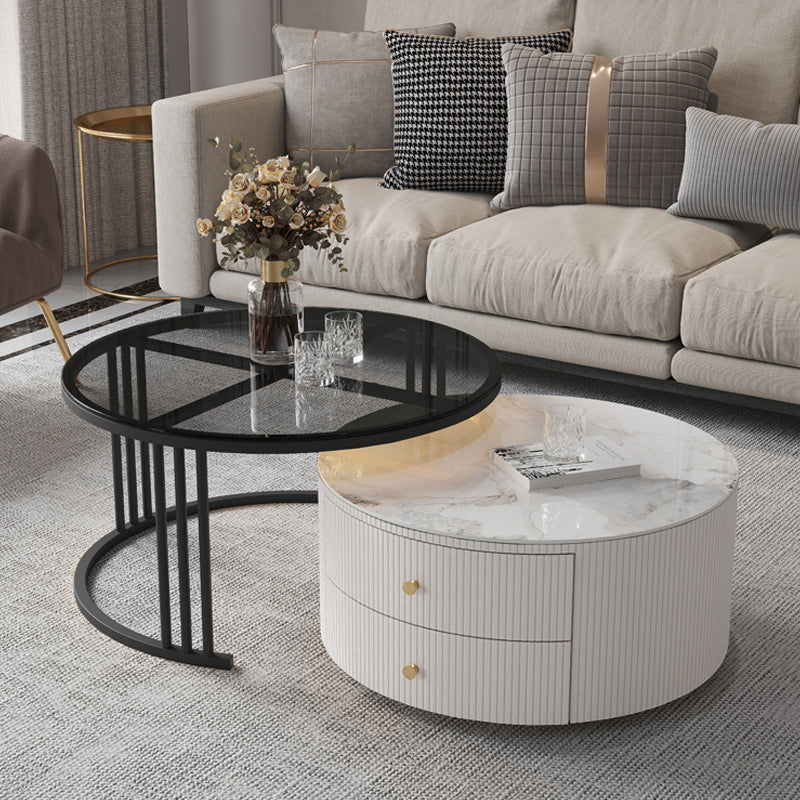 Mesa de centro con tapa de piedra y estructura de pizarra, juego de mesa de centro Glam con 2 cajones