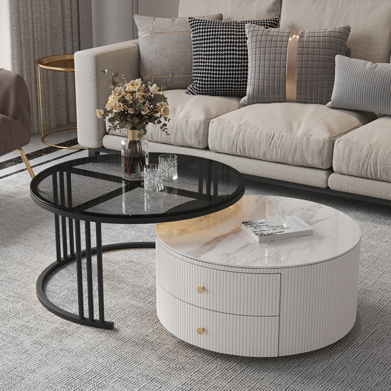 Mesa de centro con tapa de piedra y estructura de pizarra, juego de mesa de centro Glam con 2 cajones