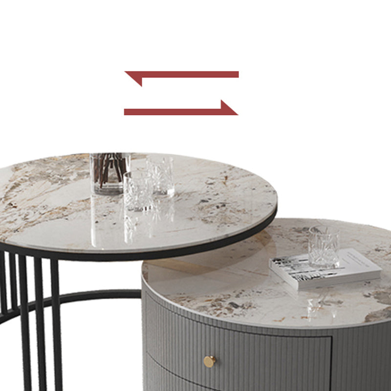 Mesa de centro con tapa de piedra y estructura de pizarra, juego de mesa de centro Glam con 2 cajones