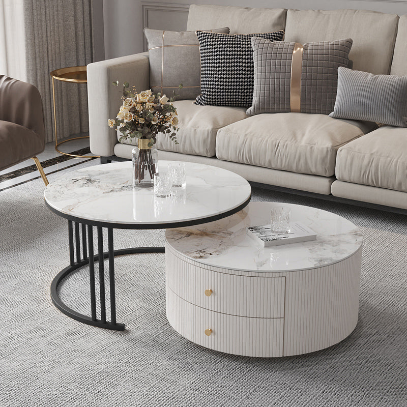 Mesa de centro con tapa de piedra y estructura de pizarra, juego de mesa de centro Glam con 2 cajones