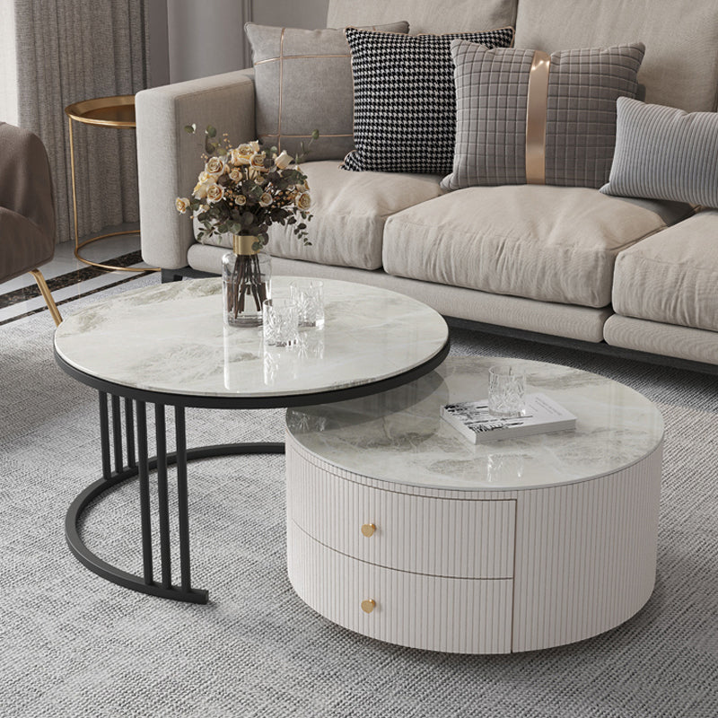 Mesa de centro con tapa de piedra y estructura de pizarra, juego de mesa de centro Glam con 2 cajones