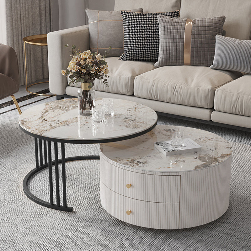 Mesa de centro con tapa de piedra y estructura de pizarra, juego de mesa de centro Glam con 2 cajones