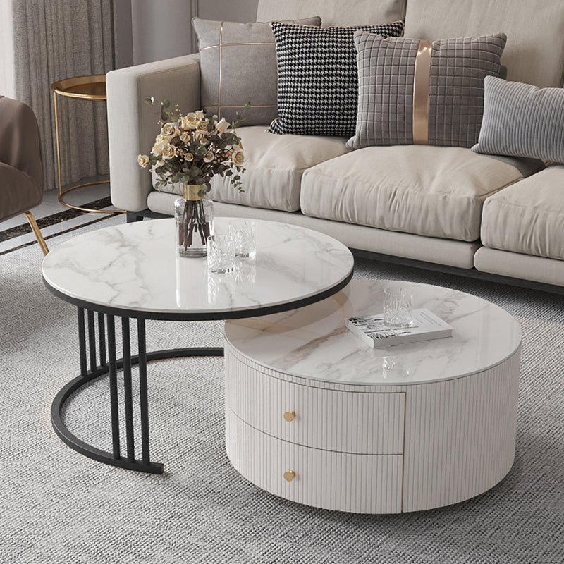 Mesa de centro con tapa de piedra y estructura de pizarra, juego de mesa de centro Glam con 2 cajones