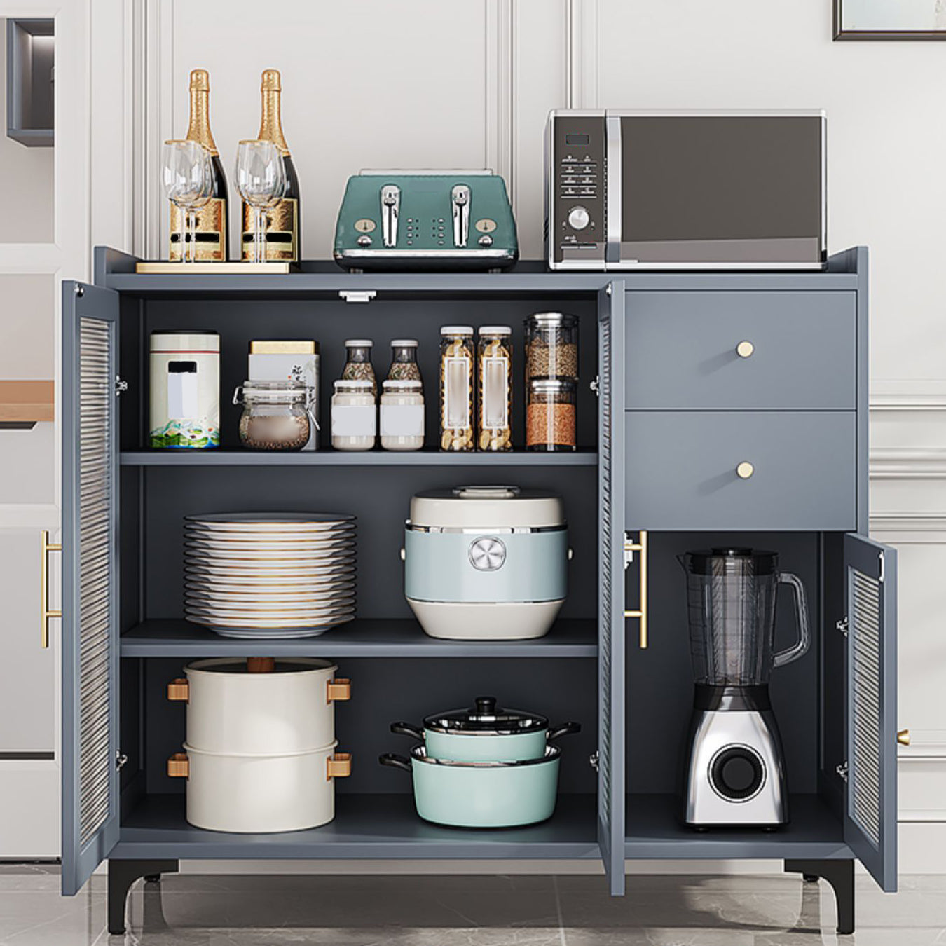 Server di pranzo in bambù di buffet grigio con spazio per la sala da pranzo