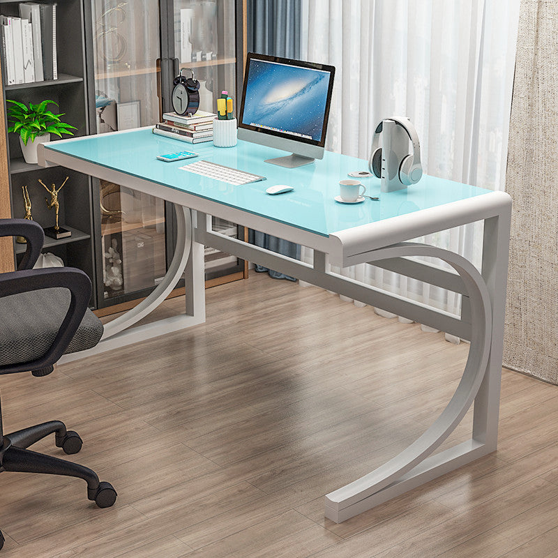 Modern Style Glass Computer Desk Rectangular Shape Task Table with 2-Legs for Home White Blue Clearhalo 'furn' 'furn_office_desk' 'Furniture' 'Office Desks' 'Office Furniture' 'office_desk' 7149427