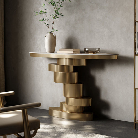 Glam Stone Console Table Golden Oval Console Accent Table for Hall