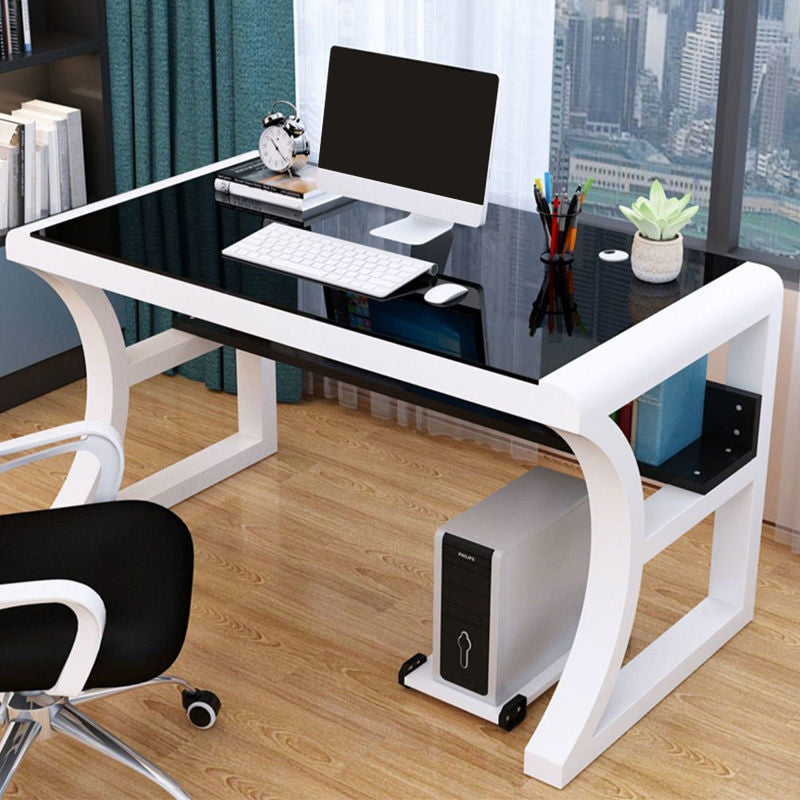 Modern Glass Top Writing Desk 29.53" Tall Rectangular Office Desk with Sled Base White-Black 1 Clearhalo 'furn' 'furn_office_desk' 'Furniture' 'Office Desks' 'Office Furniture' 'office_desk' 7150315