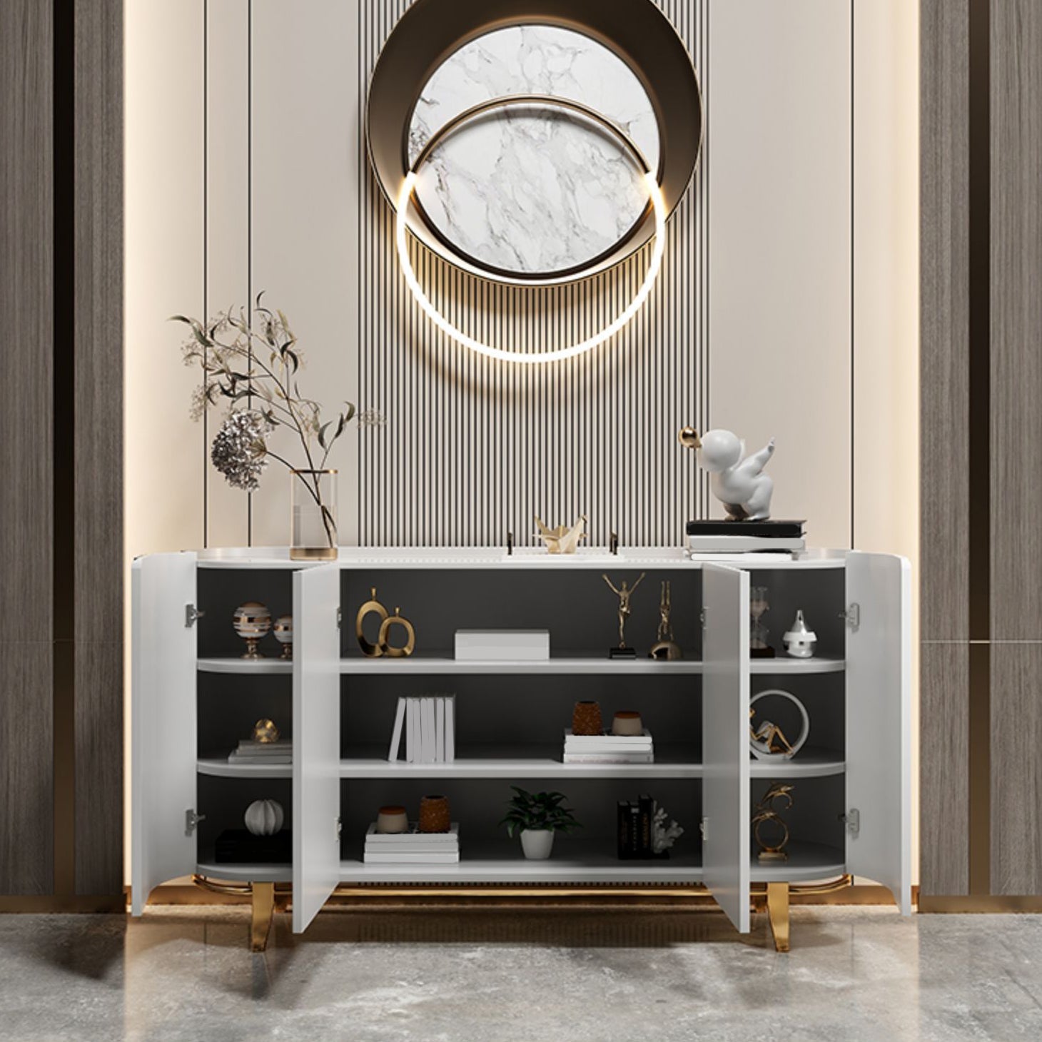 Glam Sideboard Buffet Stone Top Wood Sideboard Cabinet with Shelves Clearhalo 'buffet_sideboard' 'Buffets & Sideboards' 'furn' 'furn_buffet_sideboard' 'Furniture' 'Kitchen & Dining Furniture' 7157020