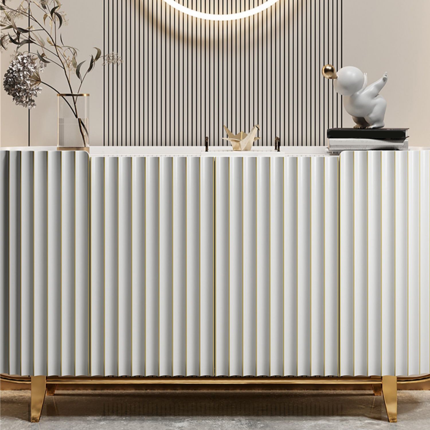 Glam Sideboard Buffet Stone Top Wood Sideboard Cabinet with Shelves Clearhalo 'buffet_sideboard' 'Buffets & Sideboards' 'furn' 'furn_buffet_sideboard' 'Furniture' 'Kitchen & Dining Furniture' 7157023