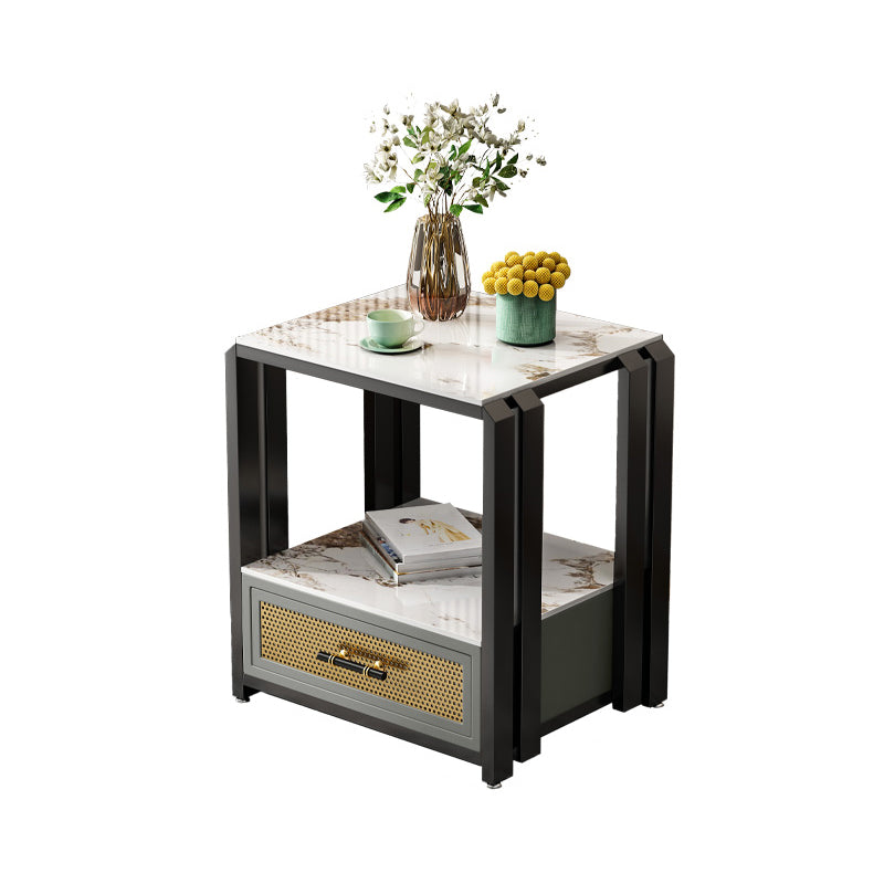 Frame Glam Style Side Table 21.6" Tall Stone Top Side Table with Storage Black Gray 1 Clearhalo 'Coffee & Accent Tables' 'End & Side Tables' 'end_side_tables' 'furn' 'furn_end_side_tables' 'Furniture' 'Living Room Furniture' 7162676