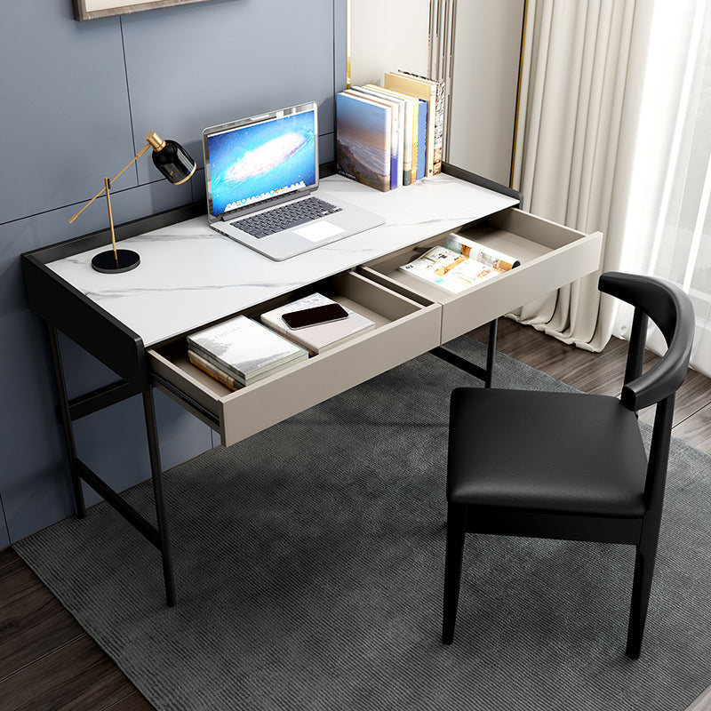 Modern Stone Rectangular Writing Desk 2-Drawers White Office Desk with H-Base Clearhalo 'furn' 'furn_office_desk' 'Furniture' 'Office Desks' 'Office Furniture' 'office_desk' 7169765