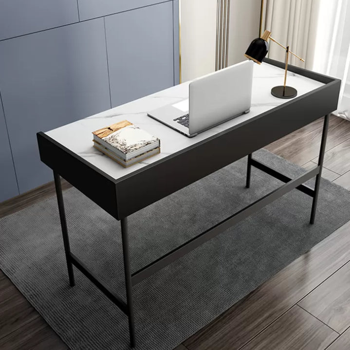 Modern Stone Rectangular Writing Desk 2-Drawers White Office Desk with H-Base 39"L x 20"W x 30"H Clearhalo 'furn' 'furn_office_desk' 'Furniture' 'Office Desks' 'Office Furniture' 'office_desk' 7169767