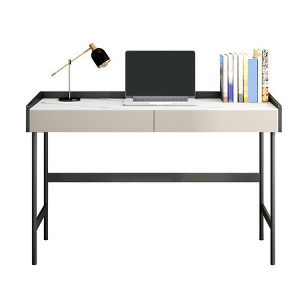 Modern Stone Rectangular Writing Desk 2-Drawers White Office Desk with H-Base 31"L x 20"W x 30"H Clearhalo 'furn' 'furn_office_desk' 'Furniture' 'Office Desks' 'Office Furniture' 'office_desk' 7169768