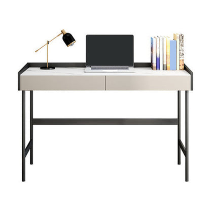 Modern Stone Rectangular Writing Desk 2-Drawers White Office Desk with H-Base 31"L x 20"W x 30"H Clearhalo 'furn' 'furn_office_desk' 'Furniture' 'Office Desks' 'Office Furniture' 'office_desk' 7169768